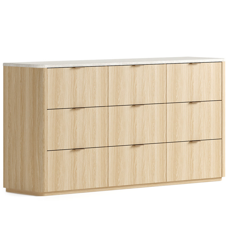 Commode en bois de travertin moderne de 63 po avec 9 tiroirs avec rangement Corentin, Beige / chêne naturel