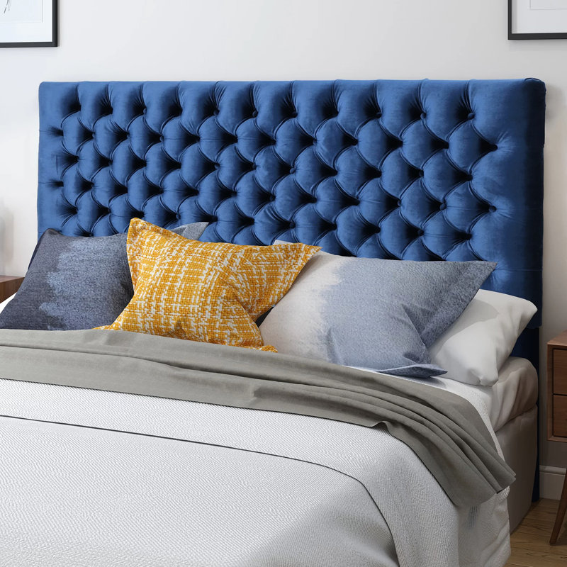 Tête de lit pour grand lit en velours bleu marine, tissu d'ameublement à point losangé, tête de lit réglable et contemporaine en velours, lit, style moderne