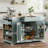 Gray-Blue Recessed Kitchen Island With 5 Wheels For Easy Movement. Includes Trash Can, Storage Cabinet, Power Outlet, 3 Drawers, 3 Side Shelves, And Can Hold A 10-Gallon Bin. A Multi-Functional Storage Work Surface.-195903357