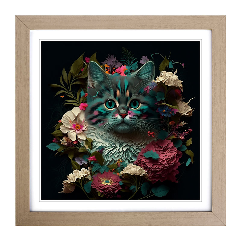 Cat Floral Art - Single Picture Frame Print on Wood, Oak