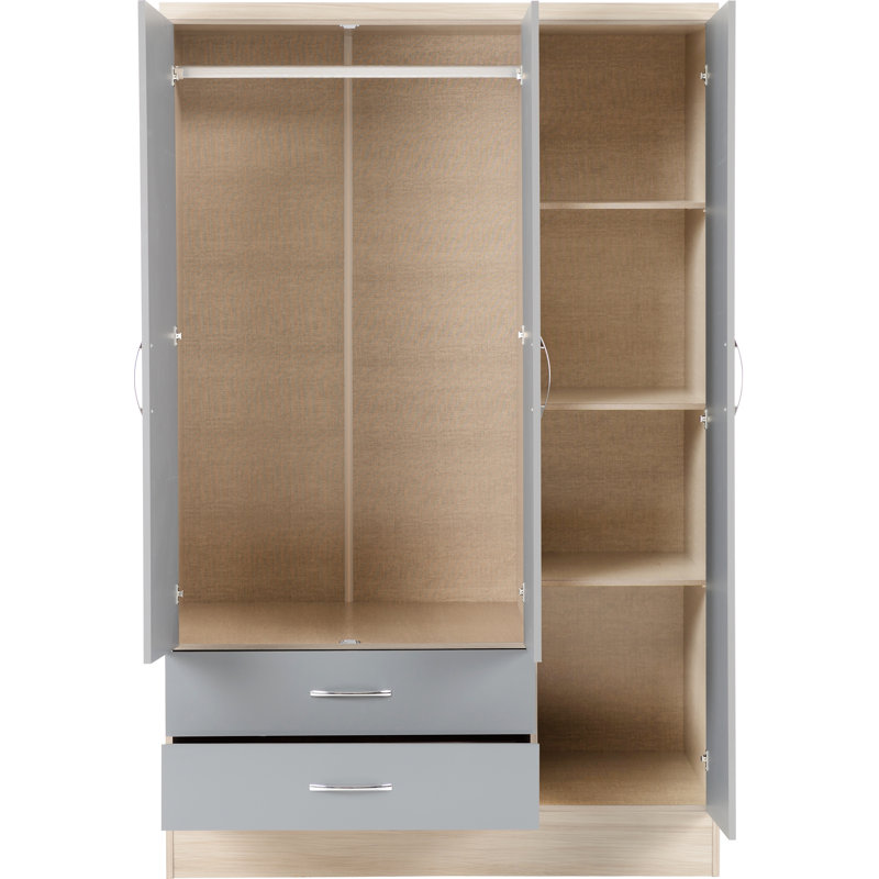 Cascio 3 Door Wardrobe, Grey Gloss/Light Oak Effect Veneer
