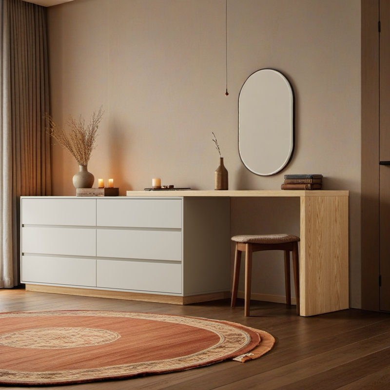 55.2 Inch White Corner L-Shaped Dressing Table, 6 Drawers