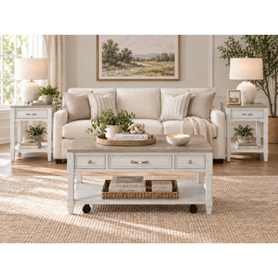 Surfside Rectangular Coffee Table with 3 Drawers, Casters and Open Shelf