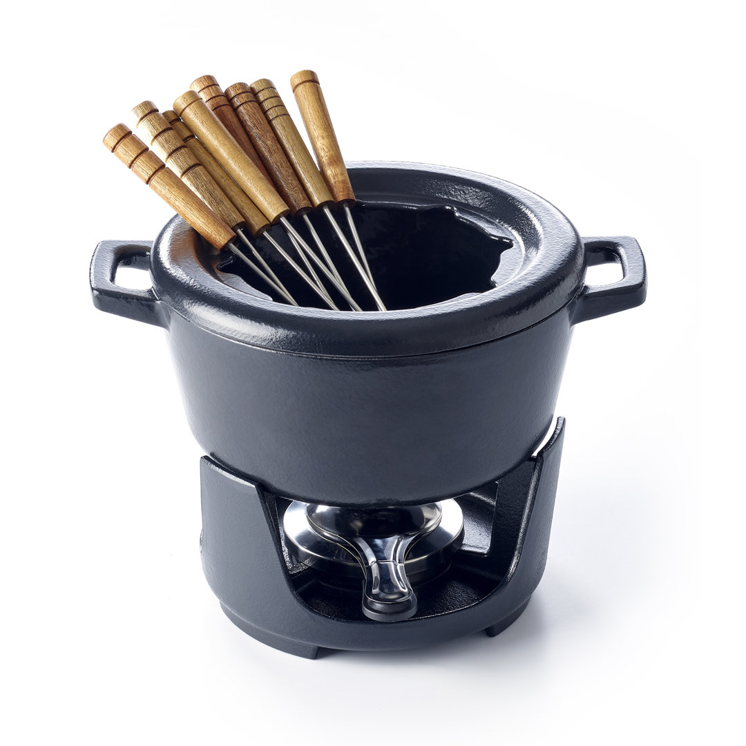 Alva Nori 2 Qt. Premium Enameled Cast Iron Fondue Set for Cheese Chocolate and Meat with 8 Forks and Burner Alva