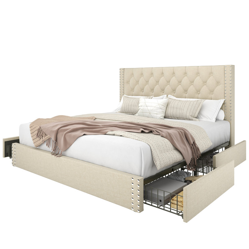 Lit plateforme tapissier avec tiroirs de rangement, Beige, Très grand lit