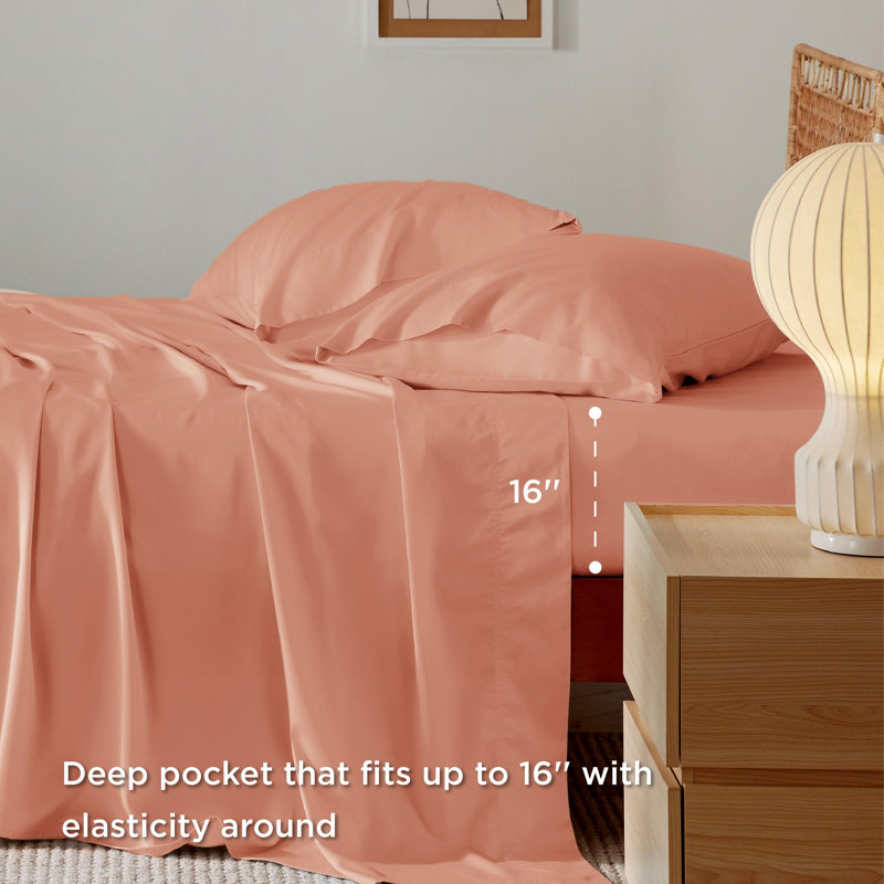 Essential Collection Cooling Rayon Derived from Bamboo Sheet Set, Queen Sheet Set with 2 Pillowcases, Coral