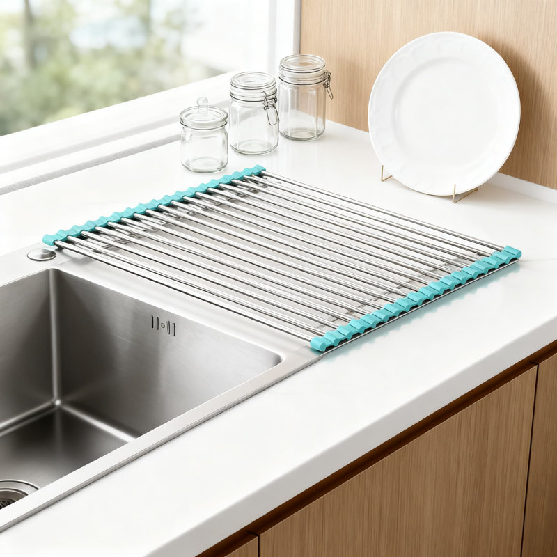 Séchoir et évier pliable en acier inoxydable pour évier et couvercle - Organisateur de cuisine polyvalent, égouttoir à vaisselle résistant à la chaleur, planche à découper et protecteur de comptoir