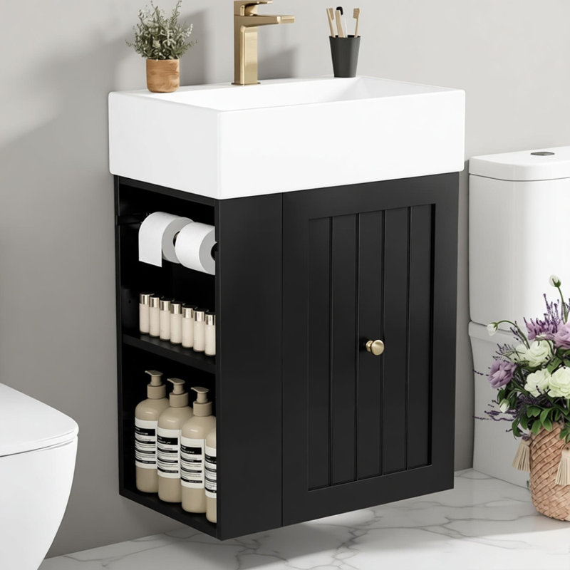 Meuble-lavabo mural 20 po avec lavabo monotrou en céramique, tiroir et tablette latérale, noir, Noir