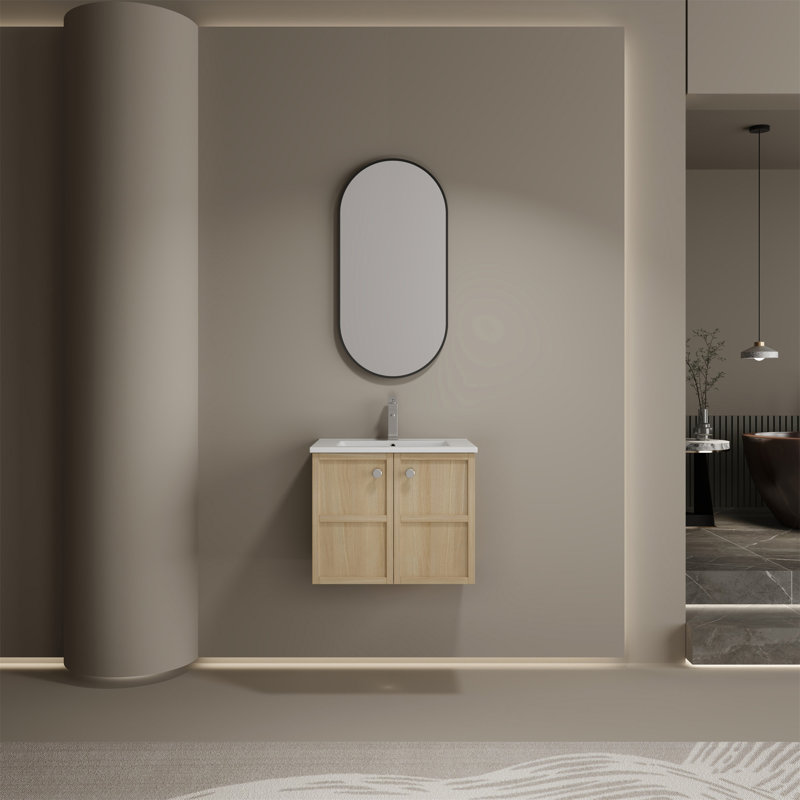 Lavabo de salle de bain mural en céramique, 2 portes à fermeture douce, 24"