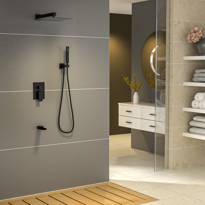 Système de douche à pluie à fixation murale 12 "avec pomme de douche à main et robinet, valve brute incluse, Bronze huilé