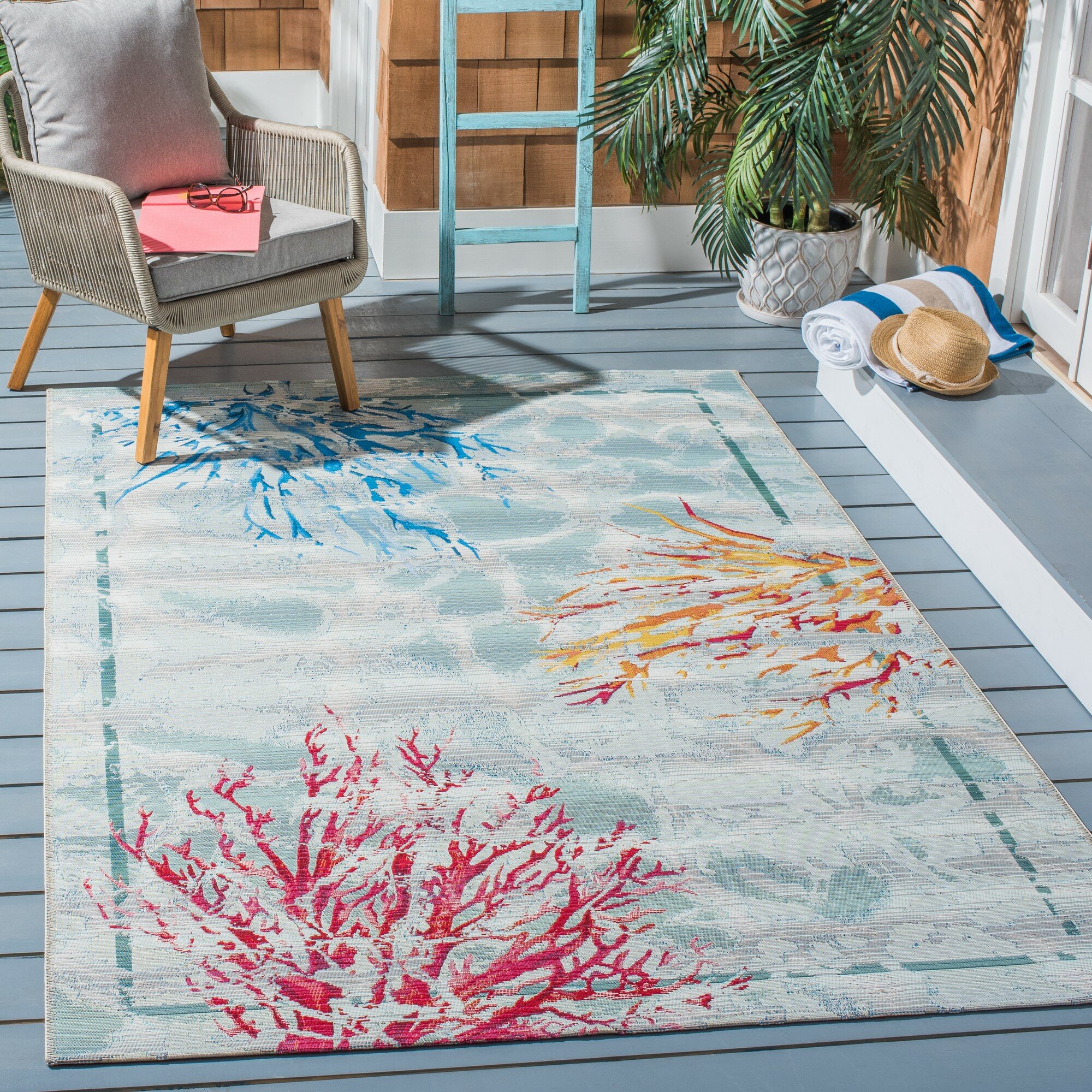 Rosecliff Heights Kensal Abstract Teal/White Indoor / Outdoor Area Rug ...