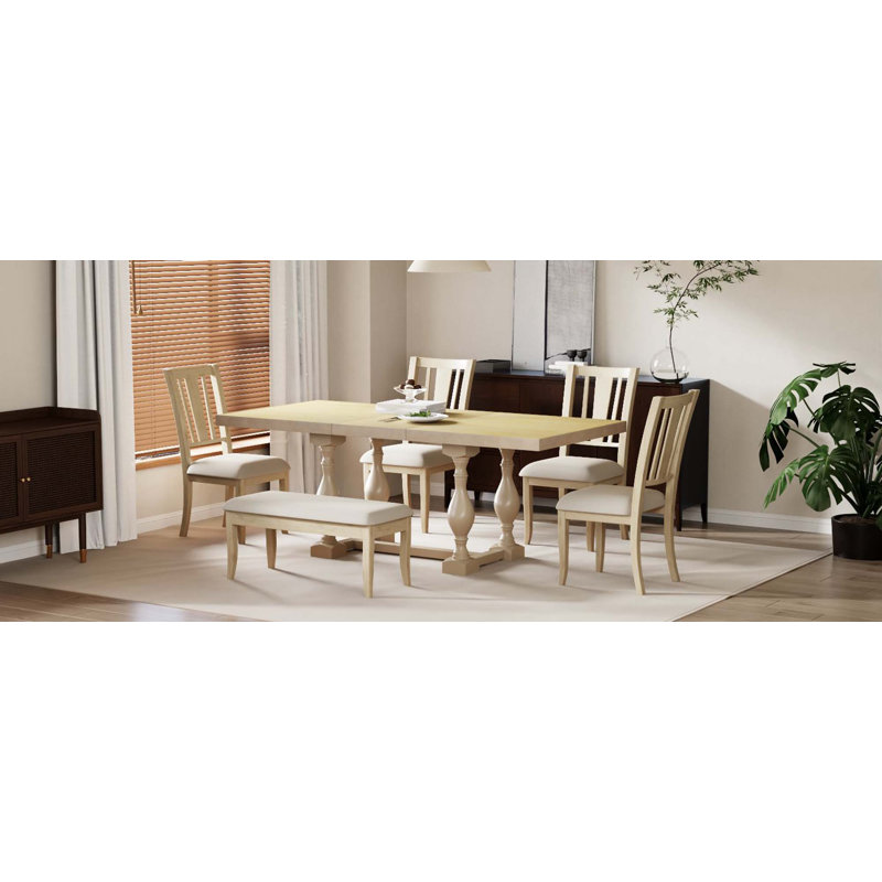 Table de salle à manger extensible avec tréteaux 6 pièces Traditional, Naturel, Naturel