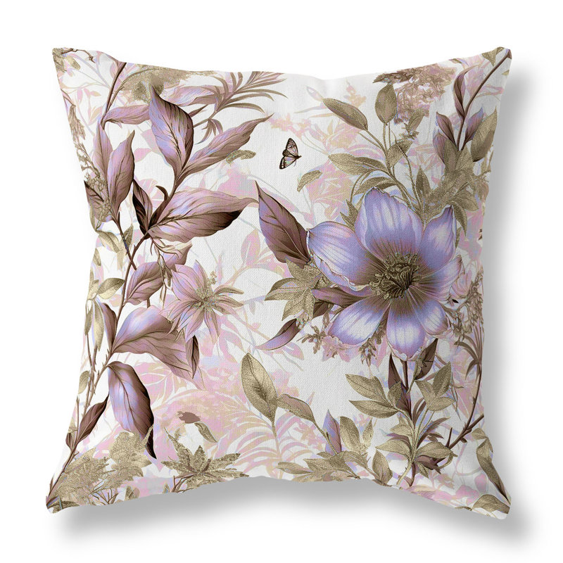 Pink and Gold Floral Faux Suede Square Throw Pillow