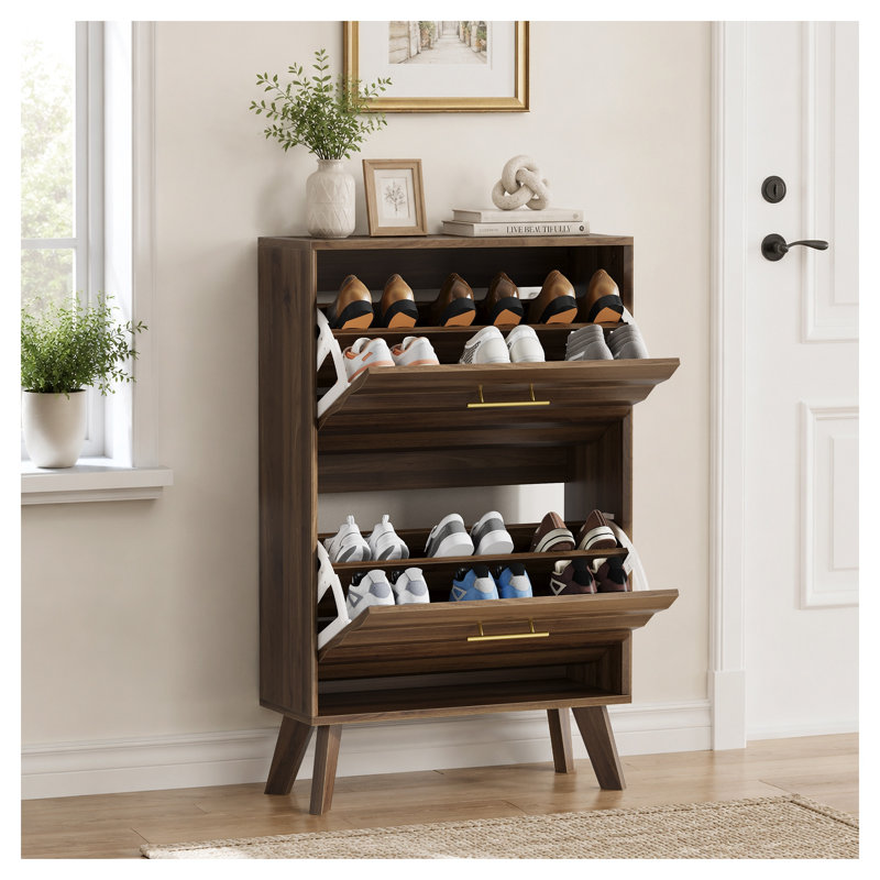 Meuble à chaussures moderne du milieu du siècle, 23,6 po, couvercle rabattable, fini noyer, rangement étroit pour entrée avec étagères réglables et poignées dorées