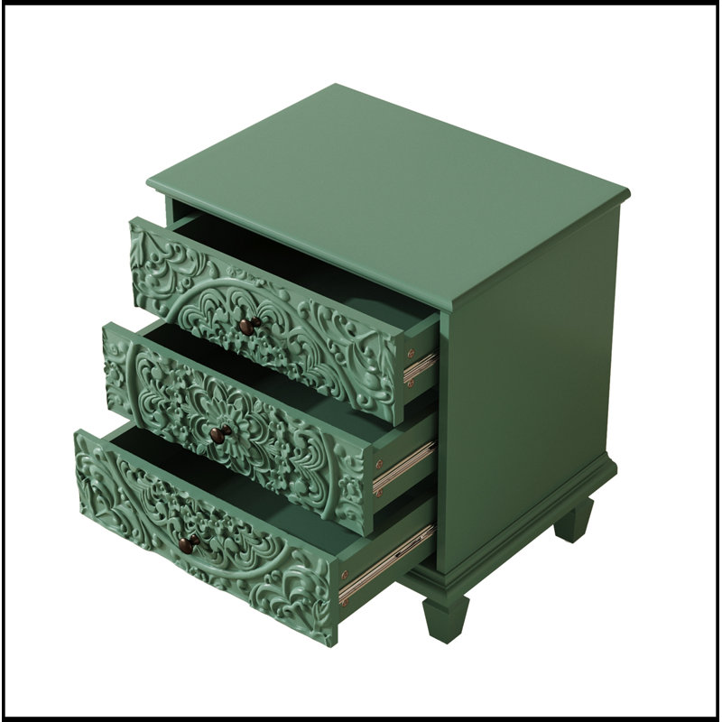 Garwood en bois sculpté avec 3 tiroirs, Vert