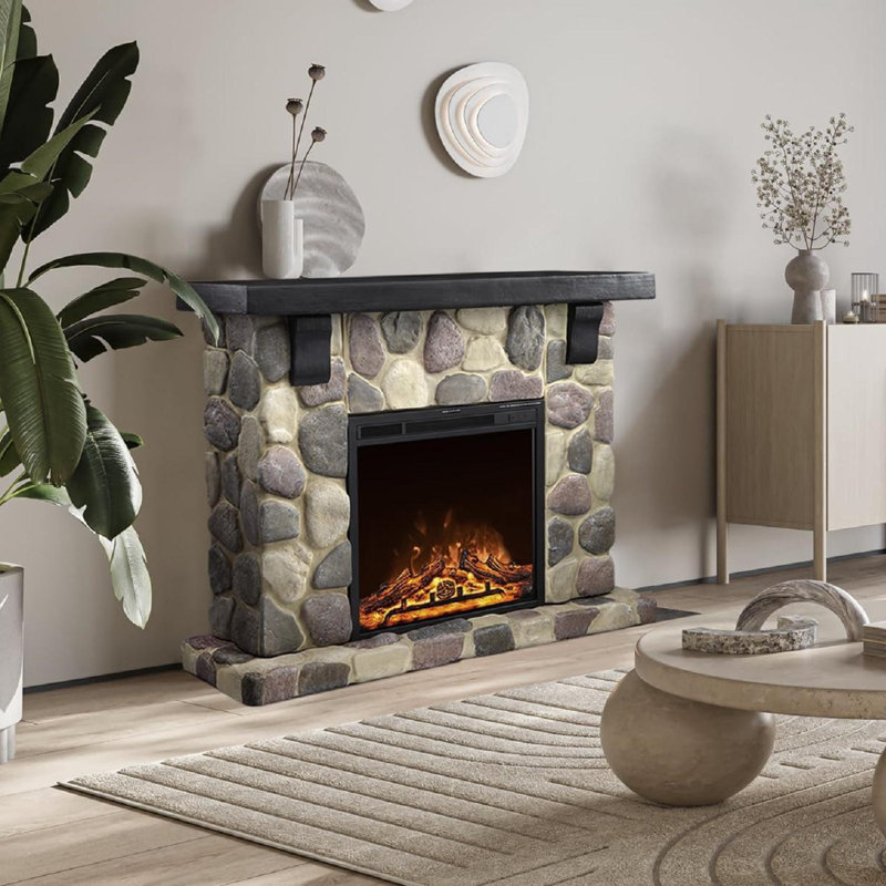 48" Freestanding Electric Fireplace Mantel Package - Stone Finish Tv Stand W/ Remote, 7 Flame Brightness Levels, Dual Power 750W/1500W Heater