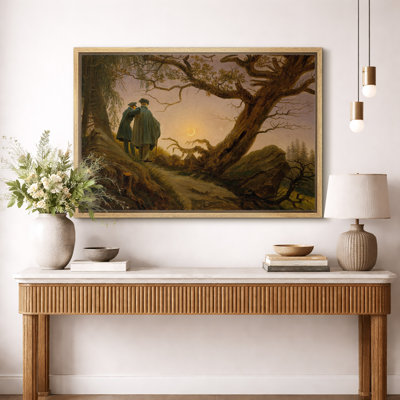 Two Men Contemplating the Moon Artwork, Den Room Pictures, Framed Canvas Giclee Print Wall Art.