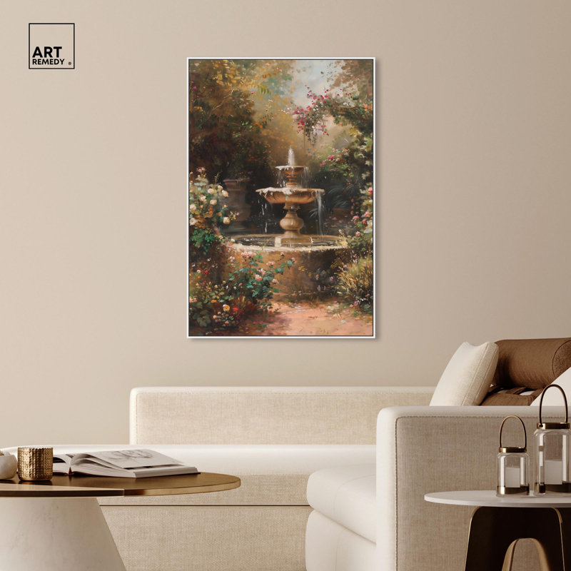 Fontaine d'art perdue avec art rétro, H 24 po x l 36 po, Cadre blanc