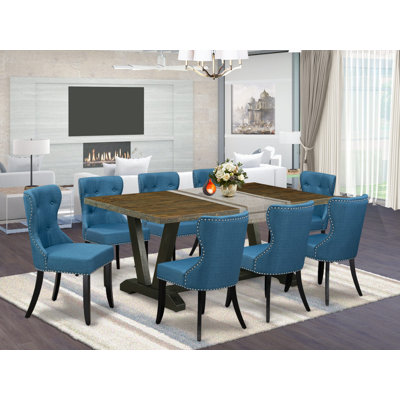 9 Piece Dining Set Consist of a Rectangle Dining Room Table with Wooden Legs and 8 Blue Linen Fabric Upholstered Parson Chairs, 40x72 Inch, Multi-Color