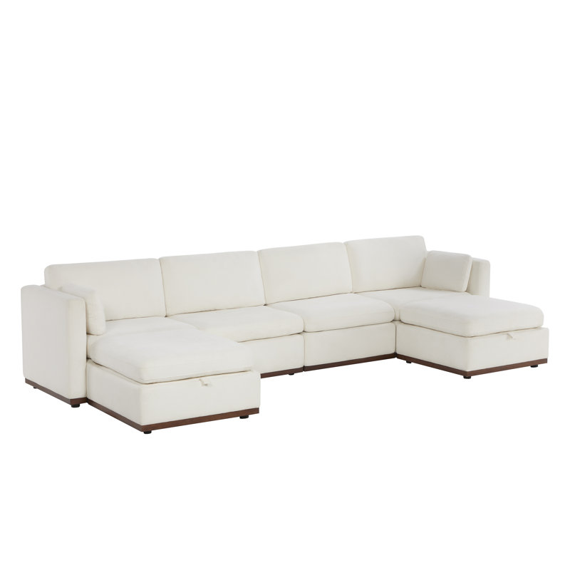 Sayette 146'' W 6-Piece Modular Sectional with Ottoman, Cream White Polyester