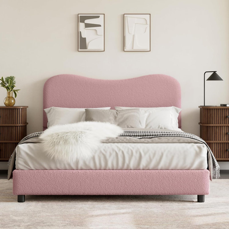 Structure de lit plateforme double, structure de lit simple en métal avec lattes de bois robustes, structure de lit tapissier en tissu Sherpa avec tête de lit, aucun sommier nécessaire, aucun bruit, rose