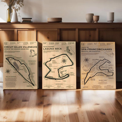 Ensemble de 3 affiches murales encadrées, carte du circuit en bois - Gilles Villeneuve Laguna Seca Spa Francorchamps, idéal pour la maison, le bureau, le garage ou un passionné de sport automobile. Cadeau idéal pour un amateur de sport automobile. Décor vintage de style course.