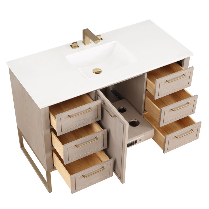Ensemble de meuble-lavabo simple 48 po Markham, Gris cachemire, Quartz blanc, Laiton satiné