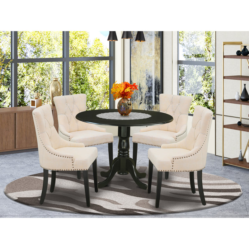 5 Piece Modern Dining Table Set Includes a Round Wooden Table with Dropleaf and 4 Light Beige Linen Fabric Upholstered Chairs, Black