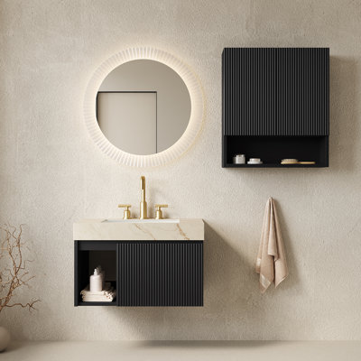 Ensemble Eiden 30 + Tobi 26, meuble-lavabo suspendu avec rangement, comptoir en pierre frittée couleur crème veinée or, lavabo en céramique, 3 trous prépercés pour robinetterie (robinetterie et bonde non inclus).