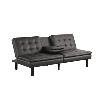 Contemporary Futon Sofa Bed with USB Charging and Drop-Down Table, Gray Leatherette