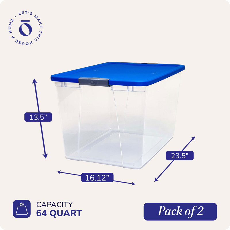 Ensemble de fourre-tout de rangement en plastique 64 qt secure latch, 64 pintes, 2, Bleu