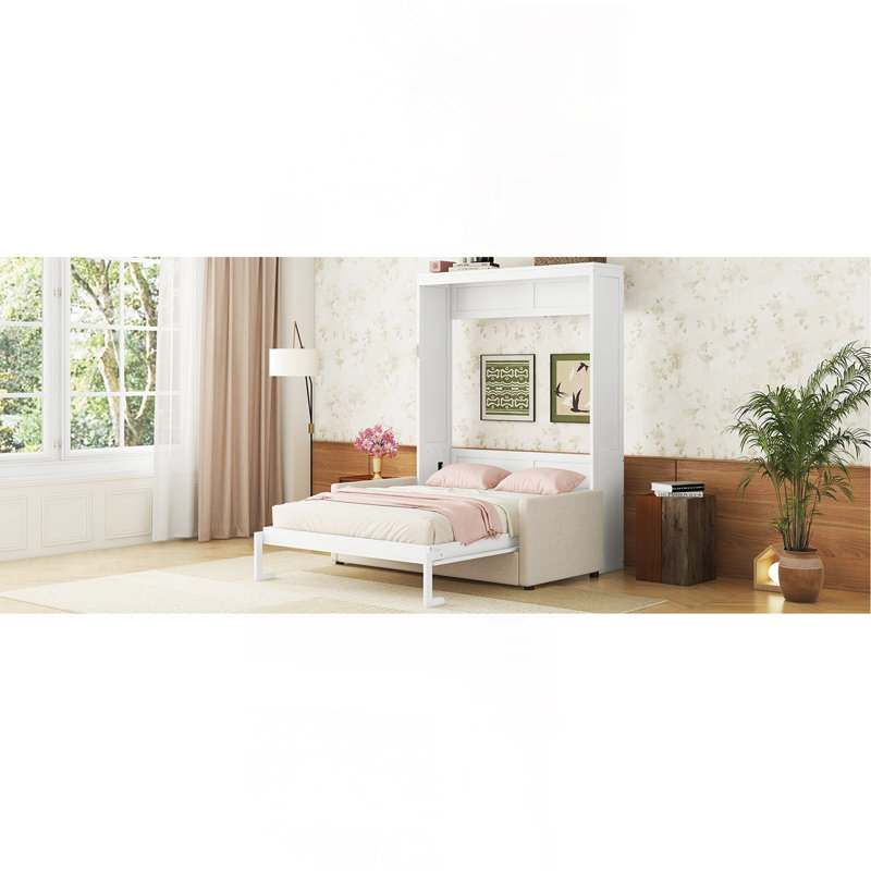 Grand lit escamotable mural avec coussin, grand lit, blanc, Grand lit, Blanc