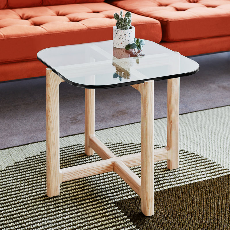 Table de bout Quarry, Verre transparent, Bois de frêne naturel