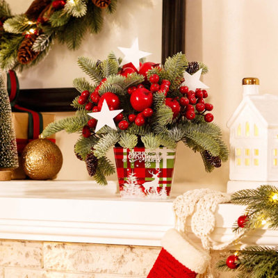 10.2 Inch Artificial Christmas Potted Arrangement, Tabletop Centerpiece with Pine Branches, Red Berries, Apples and Star Ornaments for Holiday Home Decor