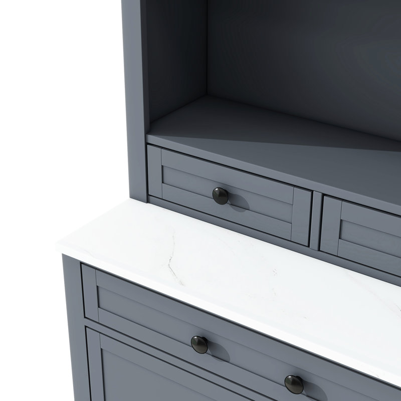 83.7Inch Tall Kitchen Cabinet , Gray, Faux Marble Counter, 5 Drawers And Adjustable Shelf For Organization Top, Space, Gray