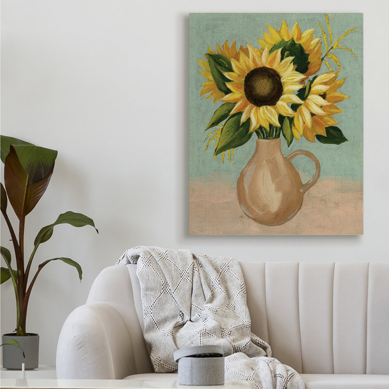 Bouquet de tournesols d'été dans un pichet campagne brune par Grace Popp - impression, H 48 po x l 36 po, Toile tendue