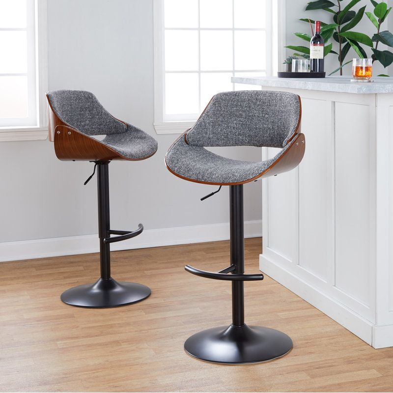 Set of 2 Walnut and Dark Gray Adjustable Swivel Barstools