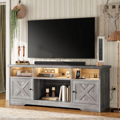 Tv Stand With Power Outlet, Farmhouse Entertainment Center With Led Light, Console Table And Media Furniture With Storage Cabinets