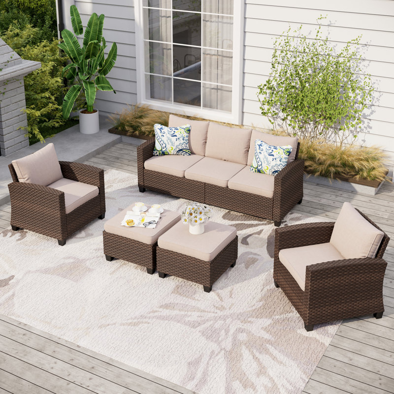 Argyri 7 - Person Outdoor Wicker Patio Conversation Furniture Set with Table, No, Beige
