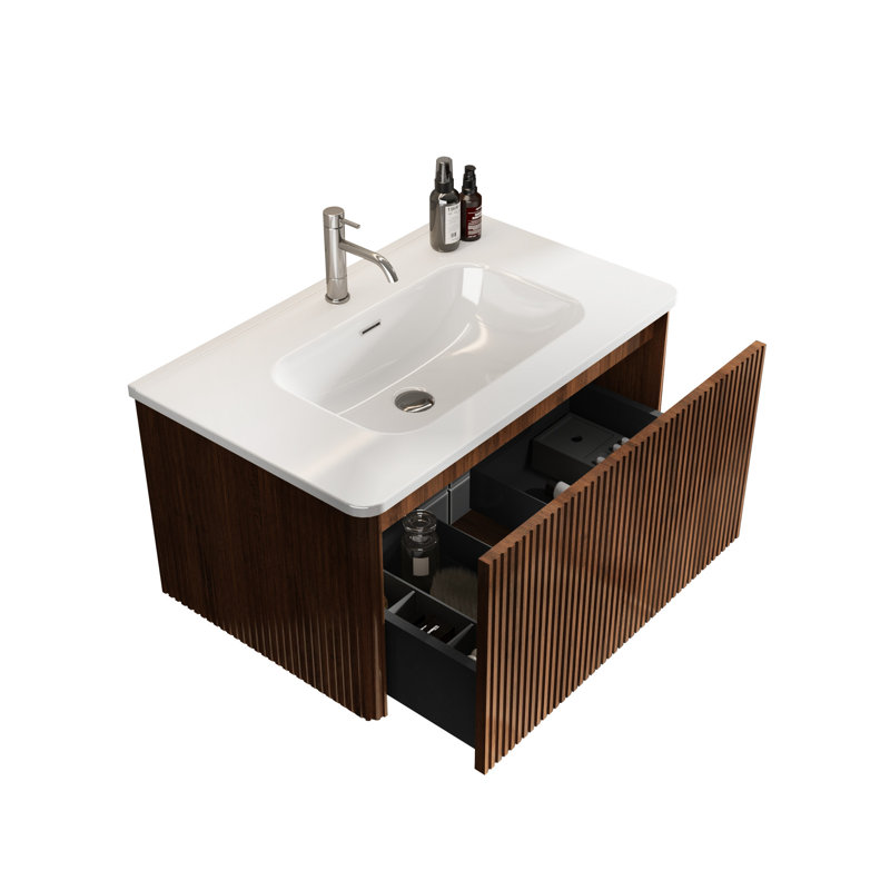 Meuble-lavabo mural, noyer rayé 30 po, lavabo intégré en céramique blanche, conception sécuritaire, bordures à tiroirs, espace de rangement