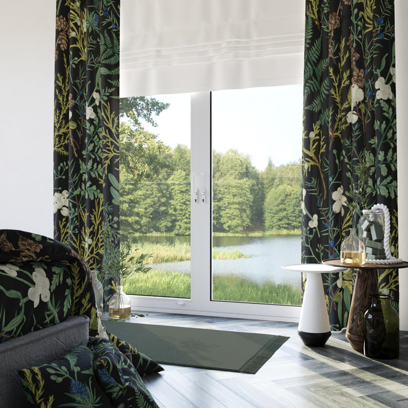 Botanical Curtains 100% Blackout 2 Panels, Green/Black