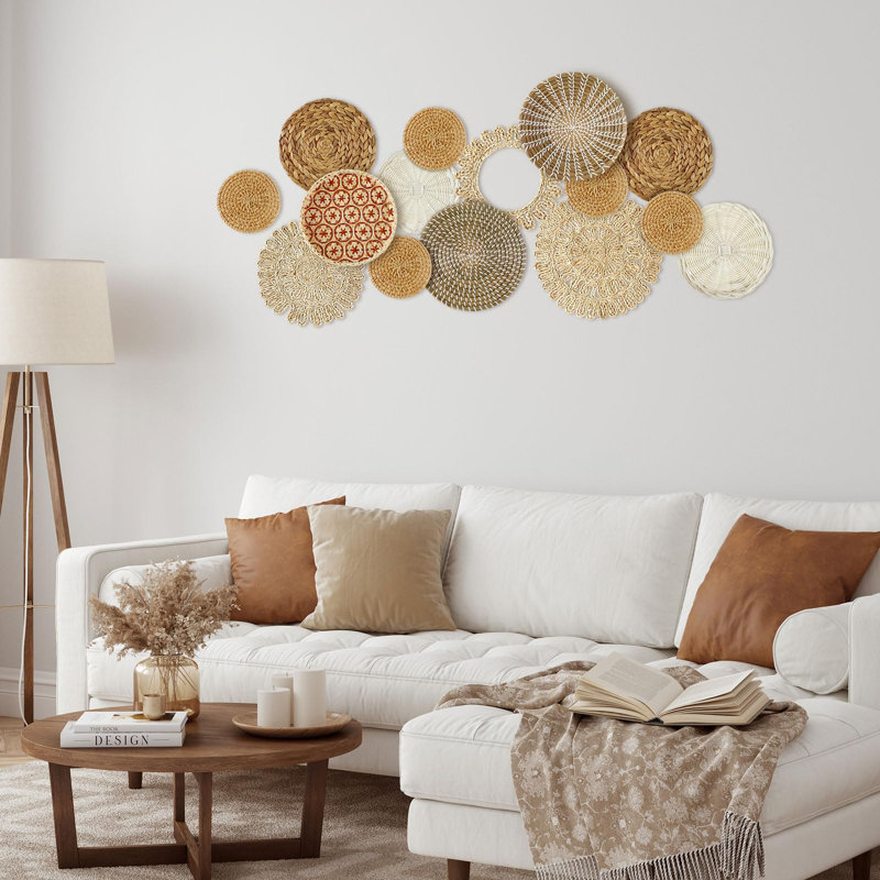 Handcrafted Round Seagrass Boho Wall Basket Set, 15 Pieces