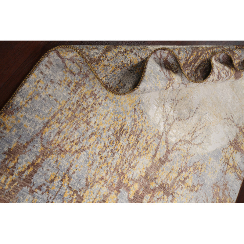 Tapis gris / brun / or noué à la main de conception unique 5 pi 6 po x 8 pi 7 po New Age