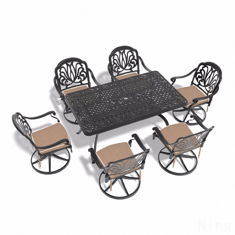 7-Piece All-Weather Cast Aluminum Dining Set, Include 6 Swivel Chairs And Rectangular Table With Black Frame, 6