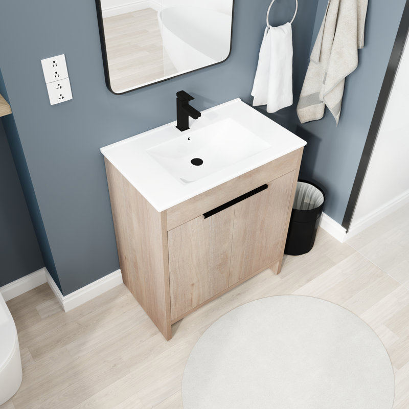 Ensemble de meuble-lavabo simple Addisun, Chêne clair uni, Blanc, 30"