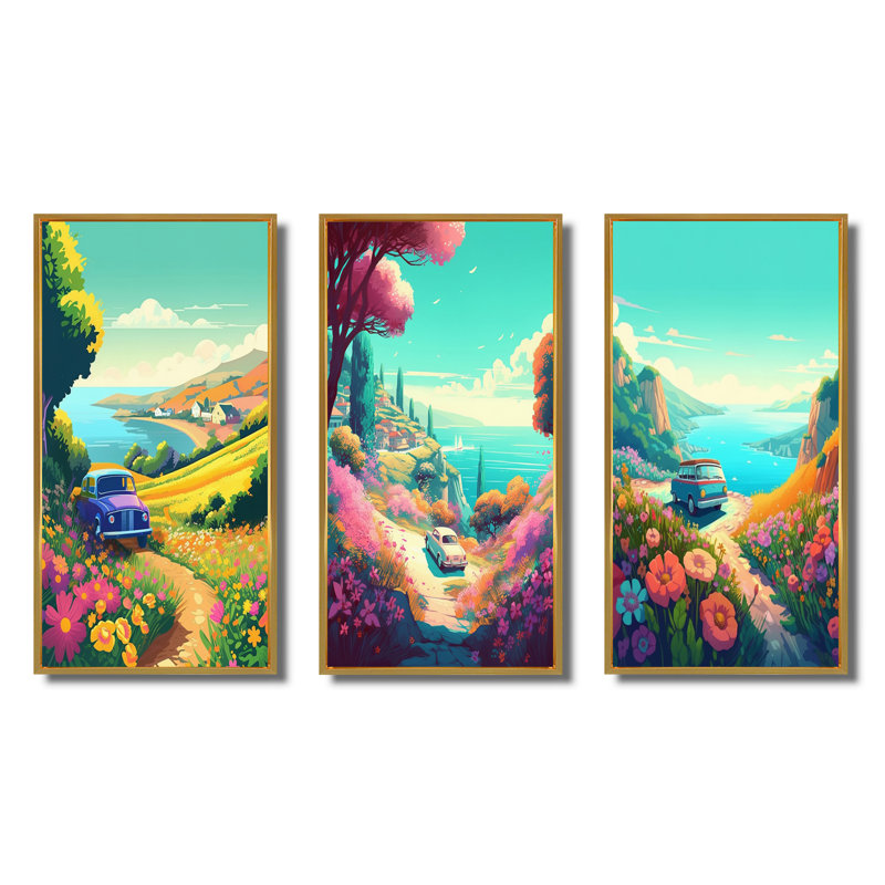 «Seaside Drive», 3 pièces sur toile, Cadre flottant doré, H 28 po x l 36 po