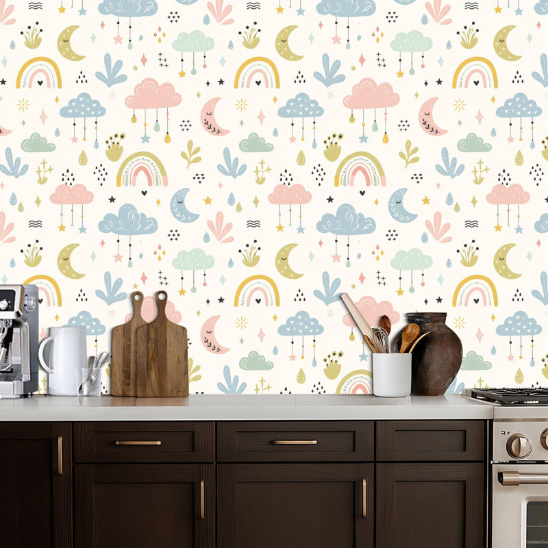 Papier peint adhésif sans raccord, motif étoiles, lune, nuages ​​et arc-en-ciel, idéal pour les enfants. Décoration murale amovible et autocollante pour chambre, cuisine et placards (45 cm x 300 cm).