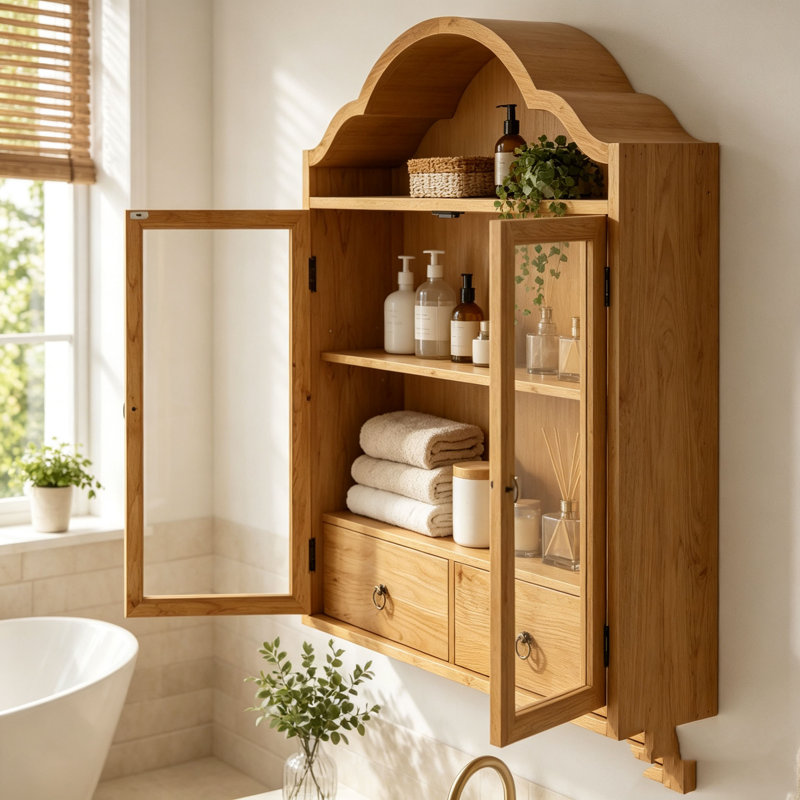 Solid Wood Wall Cabinet with Elegant Wave, Natural