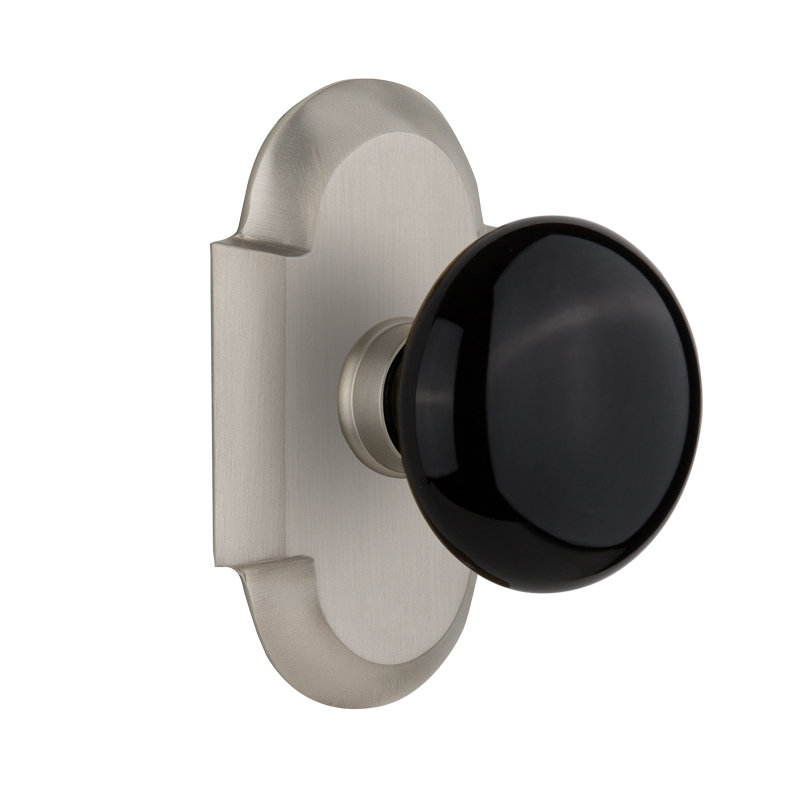 Cottage Plate with Black Porcelain Door Knob, Satin Nickel