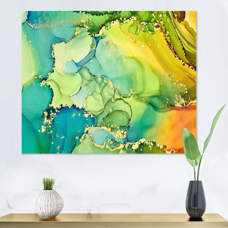«Green and Yellow Luxury Abstract Fluid Art», peinture sur toile, Toile tendue, H 34 po x l 44 po, Sans cadre